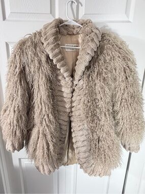 Vintage Tibet Lamb Rabbit Fur Shaggy Coat Beige Women’s Large Soft Glam Fur Coat